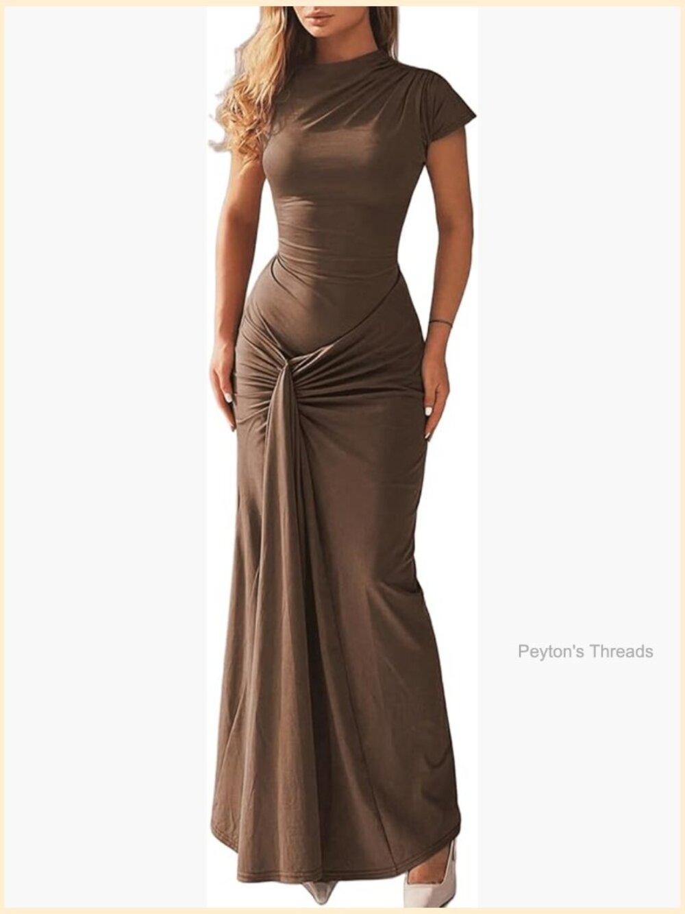 Tie Back Maxi Long Dress High Neck Short Sleeve Ruched Bodycon Cocktail Wedding
